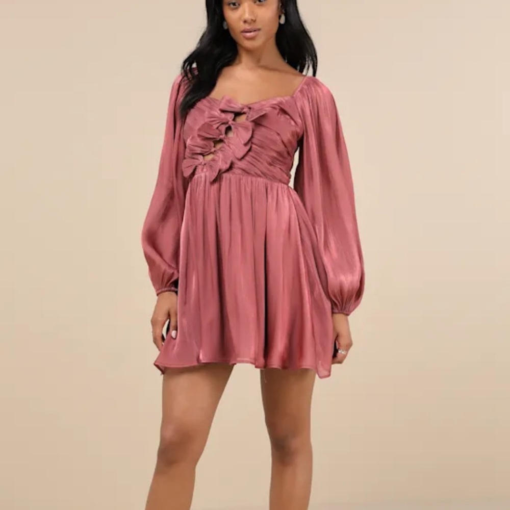 Lulu’s Playful Delight Rusty Rose Bow-Front Long Sleeve Mini Dress